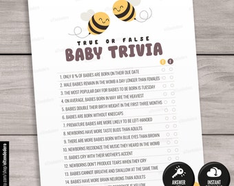 Baby Trivia Game Cards. Honey Bee Baby Shower Games. True or False Baby Trivia Printable, Guessing Baby Activities, Gender Neutral Download