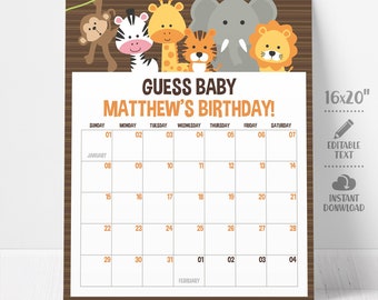 SELF EDITABLE Due Date Calendar. Guess Baby Due Date Game. Baby Birthday Prediction. Safari Baby Shower Calendar Baby Shower Games Printable