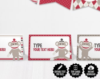 SELF EDITABLE Sock Monkey Place Cards, Buffet Cards, Food Tent Cards. Red and Beige Cute Baby Shower Table Signs, Gender Neutral Decorations