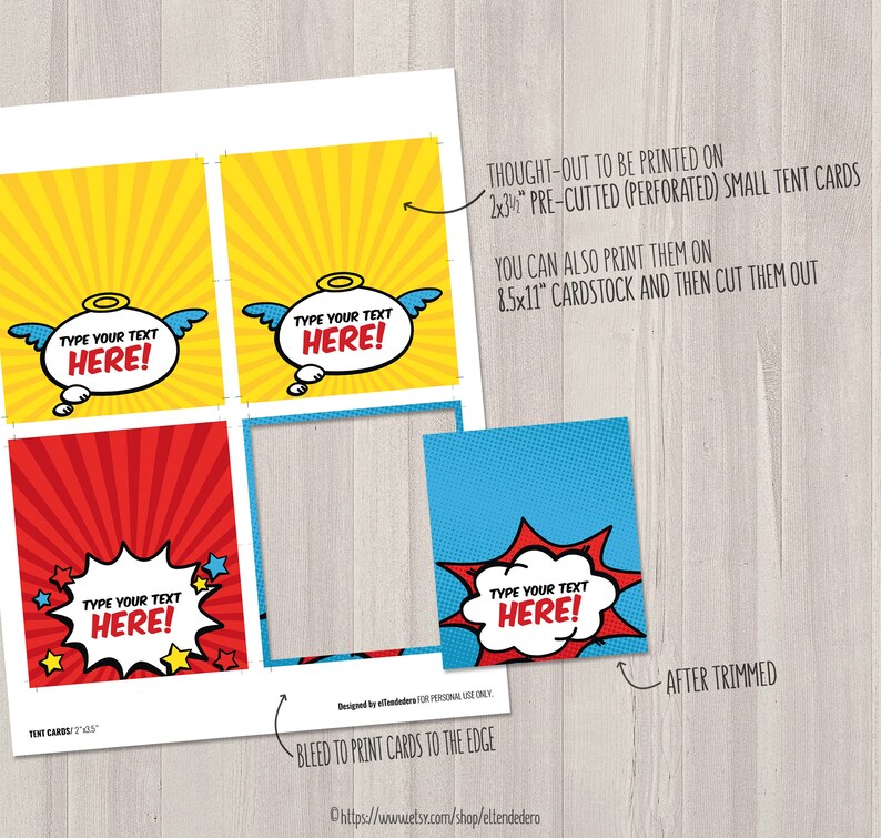 Superhero Place Cards. Editable Buffet Cards. Food Tent Cards. Printable Comic Book Baby Shower Kids Birthday Party Table Signs Decor image 4