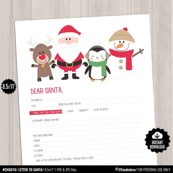 PRINTABLE Letter to Santa. Kids Christmas Wish List Santa