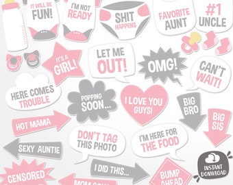 Funny Baby Shower Photo Booth Props - Pink Photo Props - Girl Baby Shower Props - Pink and Grey Speech Bubbles - Baby Photo Accesories
