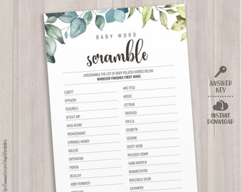 Baby Word Scramble Cards - Scrambled Words. Printable Greenery Baby Shower Games. Green Leaves Unscramble, Gender Neutral Baby Activities