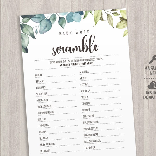 Baby Word Scramble Cards - Scrambled Words. Printable Greenery Baby Shower Games. Green Leaves Unscramble, Gender Neutral Baby Activities