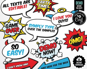 SELF EDITABLE Superhero Photo Booth Props Package. Comic Speech Bubbles Photocall Accessories. Printable Comic Sounds Party Signs Decoration