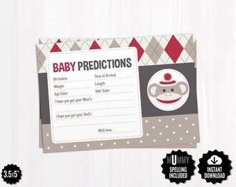 Baby Predictions Cards - Baby Shower Predictions - Sock Monkey Baby Shower Printable Games - Neutral Gender Baby Monkey Shower Keepsake