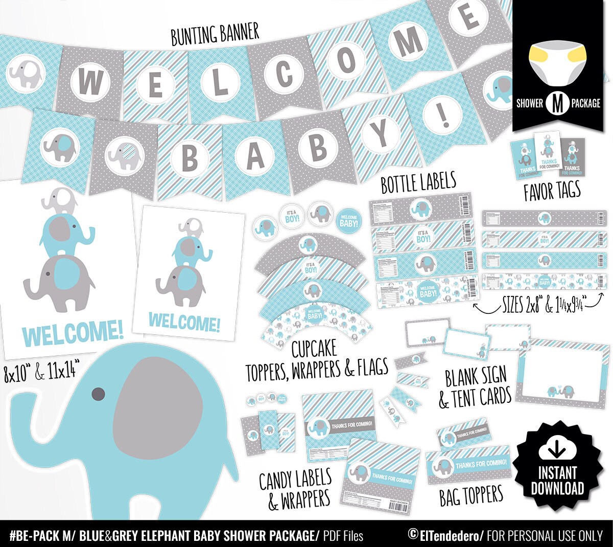 Blue Elephant Baby Shower Decorations Printable Blue And Etsy Il Fullxfull Blue Elephant Baby Shower Decorations