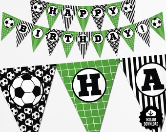 Soccer Birthday Banner - Boy Sports Bunting Banner Decor - Printable Pennant Garland - Green Football Team Party Decorations - Digital