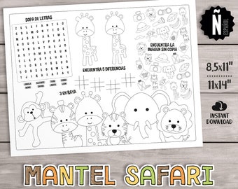 PRINTABLE Safari Kids Activities Table Mat in SPANISH, Party Games Placemat, Jungle Animal Coloring Pages, Birthday Favor. Baby Shower