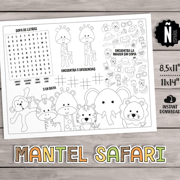 Mantel para Colorear Juegos Animales Safari. Juego Cumpleaños Infantil Jungla, Actividades Baby Shower Imprimibles - Descarga Digital.