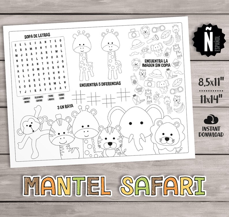 PRINTABLE Safari Kids Activities Table Mat in SPANISH Party Etsy