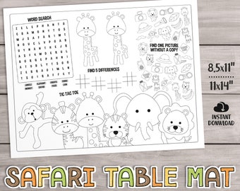 PRINTABLE Safari Kids Activities Table Mat, Party Games Placemat, Jungle Animal Coloring Pages, Birthday Favor. Baby Shower Activities