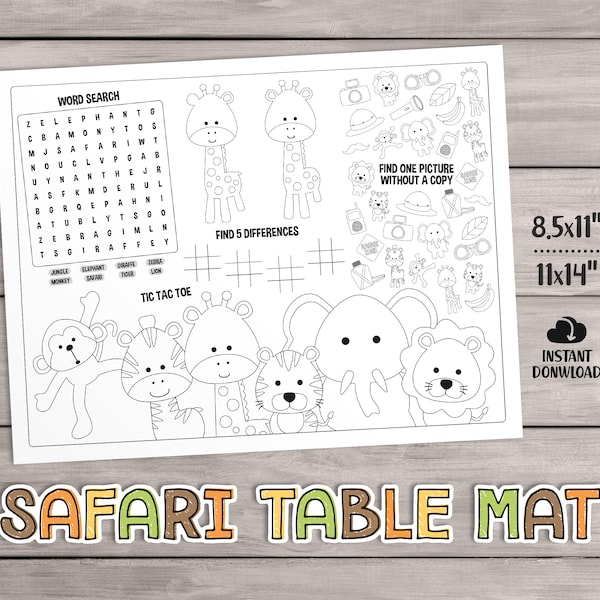 PRINTABLE Safari Kids Activities Table Mat, Party Games Placemat, Jungle Animal Coloring Pages, Birthday Favor. Baby Shower Activities