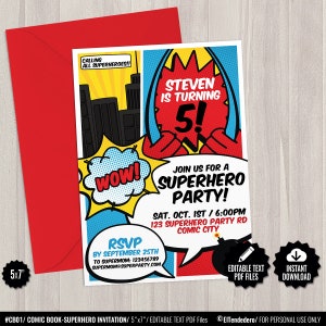 Superhero Invitation Template. Printable Superheroes Comic Book Theme Invite - Kids Birthday Party Editable Invitation - Instant Download