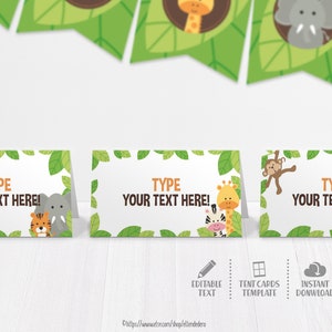 Cartões de lugar Safari. Cartões de Buffet Editáveis - Cartões de Tenda de Comida. Sinais de mesa para chá de bebê/festa de aniversário infantil para impressão de macaco da selva. Decoração fofa