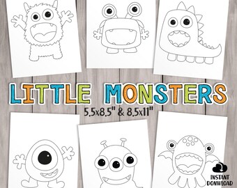 PRINTABLE Little Monster Coloring Pages. Kids Party Games, Birthday Favor. Coloring Sheet Baby Shower Activities, School Class Teacher Games