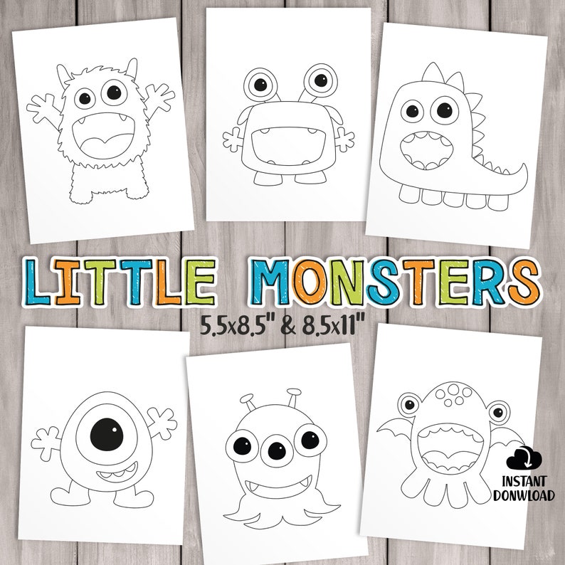 PRINTABLE Little Monster Coloring Pages. Kids Party Games, Birthday Favor. Coloring Sheet Baby Shower Activities, School Class Teacher Games image 1