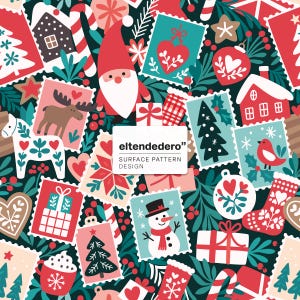 Christmas Postage Stamp Seamless Pattern, Scandinavian Folk Digital Paper, Retro Nordic Christmas Pattern, Whimsical Xmas Background