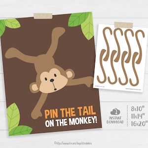 Peut inclure: Un singe brun suspendu à l'envers à une branche d'arbre, sa queue manquante. Le jeu s'appelle "Pin the Tail on the Monkey!" et comprend une option de téléchargement instantané pour les tailles 8x10, 11x14 et 16x20 pouces.