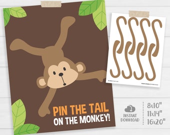 Pin the Tail on the Monkey, Safari Kids Party Games. Jungle Birthday Pin the Tail Game, Printable Baby Shower Activities - Instant Download