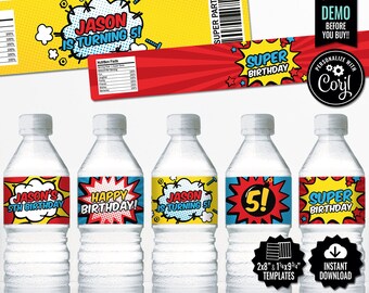 SELF EDITABLE Superhero Water Bottle Labels. Comic Book Bottle Labels - Wrappers - Wraps - Covers. Baby Shower - Birthday Party Labels.