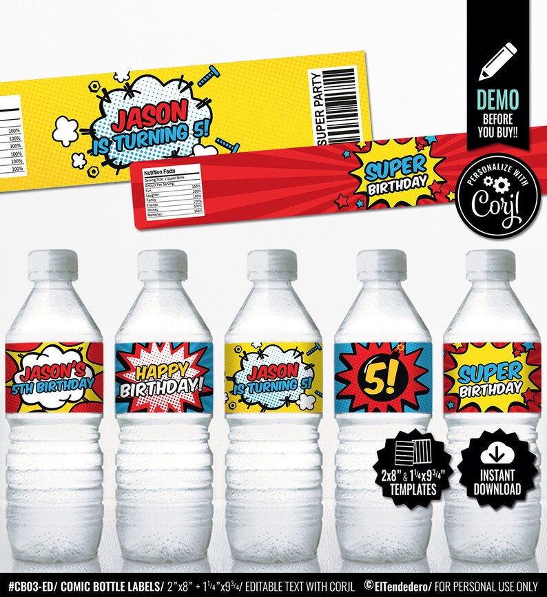 SELF EDITABLE Superhero Water Bottle Labels. Comic Book Bottle Labels Wrappers Wraps Covers. Baby Shower Birthday Party Labels. image 1