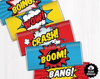 Superhero Chocolate Bar Wrappers. Baby Shower - Birthday Chocolate Bar Wraps. Printable Party favors. Comic Book Large Candy Bar Labels. DIY