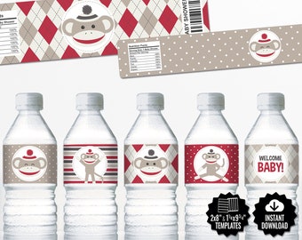 Sock Monkey Water Bottle Labels. Neutral Baby Shower Bottle Labels. Printable Wrappers - Wraps. Gender Neutral Baby Monkey Wraparound Labels