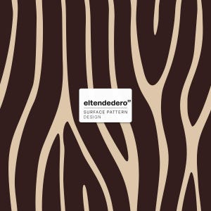 May include: A surface pattern design featuring a repeating organic motif of dark brown and beige vertical lines that resemble wood grain. A white rectangular label in the centre displays the text eltendedero SURFACE PATTERN DESIGN.