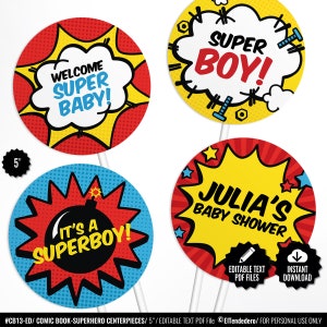 SELF EDITABLE Superhero Centerpieces. Comic Book Table Signs - Super hero Party Circles - Gender Neutral Baby Shower Speech Bubbles