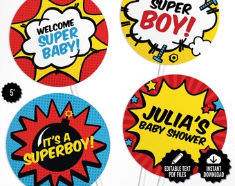 SELF EDITABLE Superhero Centerpieces. Comic Book Table Signs - Super hero Party Circles - Gender Neutral Baby Shower Speech Bubbles