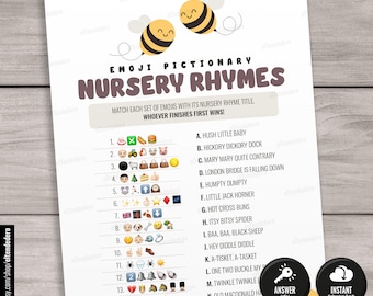 Nursery Rhymes Emoji Quiz Game Cards. Printable Twin Baby Shower Games. Honey Bee Baby Shower Pictionary Guessing Activities