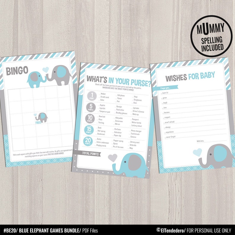 Blue and Gray Baby Shower Activities Blue Elephant Baby Shower Games Package Printable Game Cards Funny Baby Games Baby Boy