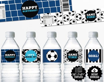 Soccer Water Bottle Labels. Sports Party Labels. Printable Birthday Bottle Wrappers, Wraps. Blue Soccer Team Labels. Kids Football Decor
