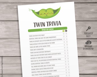 Twin Trivia Cards. Two Peas in a Pod Printable Twin Baby Shower Games. True or False Twins Game, Guessing Fiction Twins Activities