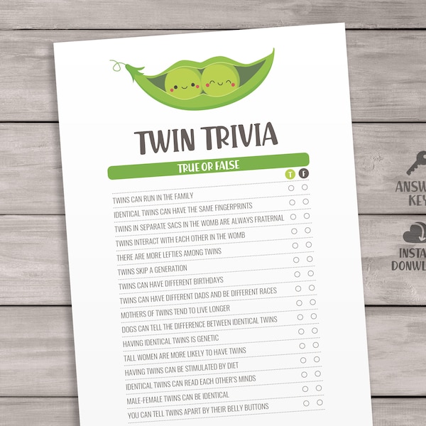 Twin Trivia Cards. Two Peas in a Pod Printable Twin Baby Shower Games. True or False Twins Game, Guessing Fiction Twins Activities