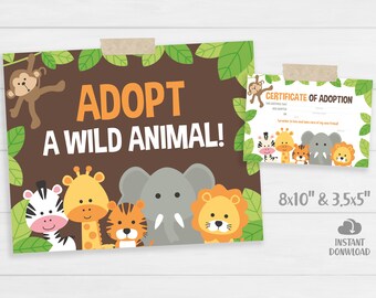 Adopt an Animal Sign, Adoption Certificate. Safari Kids Party Games. Jungle Birthday Printable Baby Shower Activity Digital Instant Download