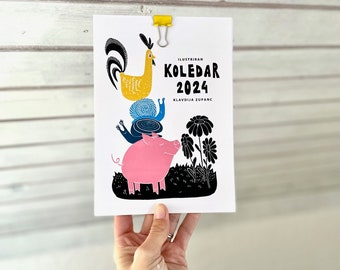 Illustrated Calendar 2024,Small and Big Calendar Klavdija Zupanc, Wall and Desk Calendar gift for new years, christmas, Unique gift