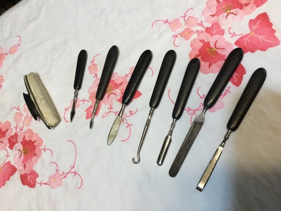 Antique wood handle manicure vanity set, made in England