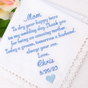 Mother of the groom gift from Son, Embroidered Handkerchief Personalized handkerchief for Mom hankies Hankerchief from groom hankies hanky