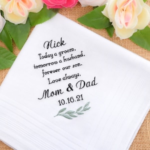 Groom Gift from Parents, Wedding gift for Groom, from Mom and Dad, Embroidered handkerchief, Personalized gift, Hanky, Hankerchief, Son gift