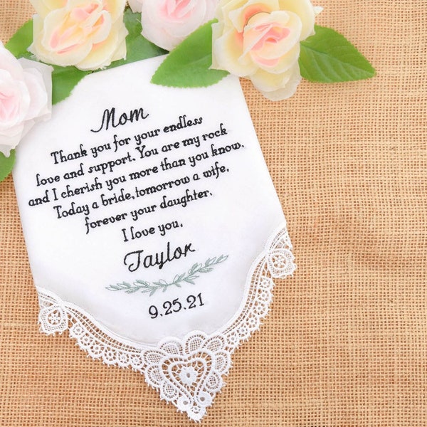 Handkerchief gift for mother of the bride, Wedding hankerchief, Hanky for mom, Personalized gift for Mother, Embroidered Custom handkerchief