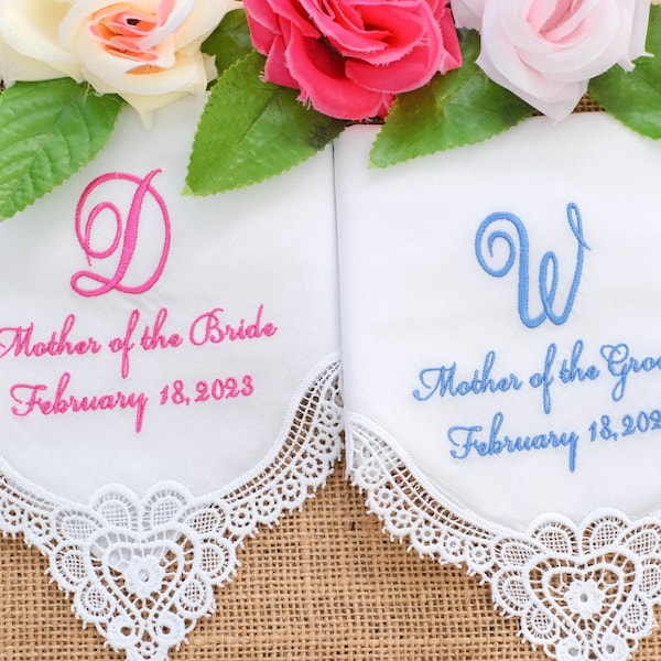 Monogrammed Mother of the Bride/Mother of the Groom gifts, Wedding handkerchiefs, embroidered hanky, Single initial monogram wedding gift,