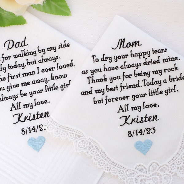 Wedding gifts for Mother of the Bride Gift, Father of the Bride Gift, Embroidered Handkerchiefs, Personalized Gifts for parents from Bride