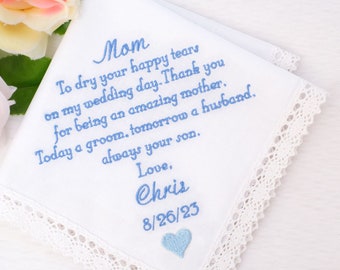 Mother of the groom gift from Son, Embroidered Handkerchief Personalized handkerchief for Mom hankies Hankerchief from groom hankies hanky