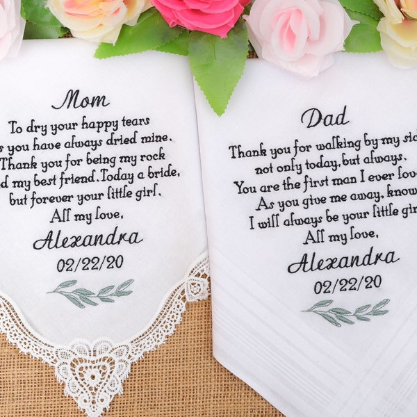 Wedding gifts for Mother of the Bride Gift, Father of the Bride Gift, Embroidered Handkerchiefs, Personalized Gifts for parents from Bride