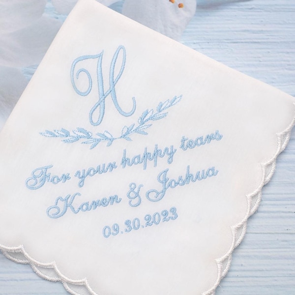 Something Blue Embroidered Wedding Handkerchief, Personalized Bridal Gift