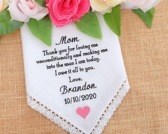 Mother of the Groom Gift from Son, Embroidered Handkerchief from Groom, Custom Wedding Handkerchief, Mother in Law, Mother of Groom Gift