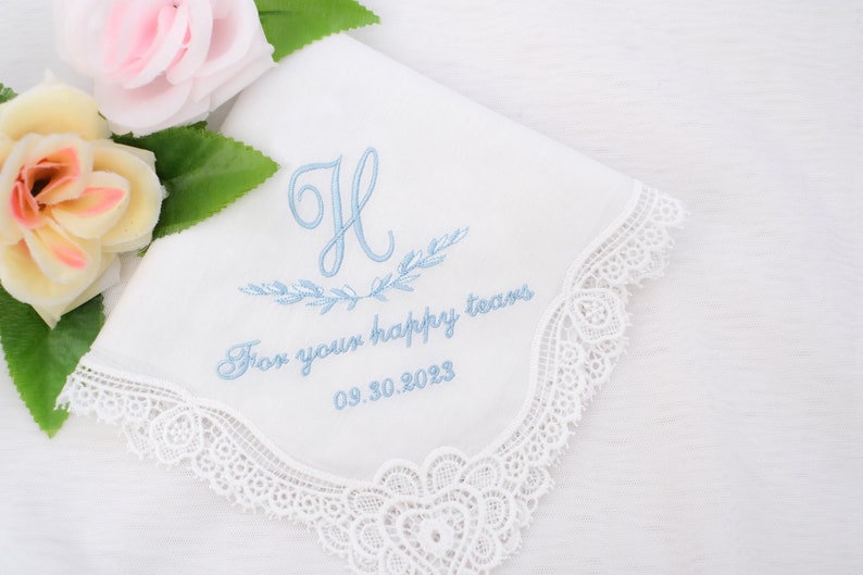 Something Blue Gift for Bride/Wedding Monogram/Bridal handkerchief/Personalized hanky/Wedding favors gifts/Gift For happy tears/Embroidered image 2