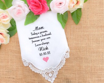 Wedding Gift from son to Mother of the groom gift, Embroidered handkerchief, Wedding handkerchief, Mom gift, Mother gift, Hanky, hankerchief